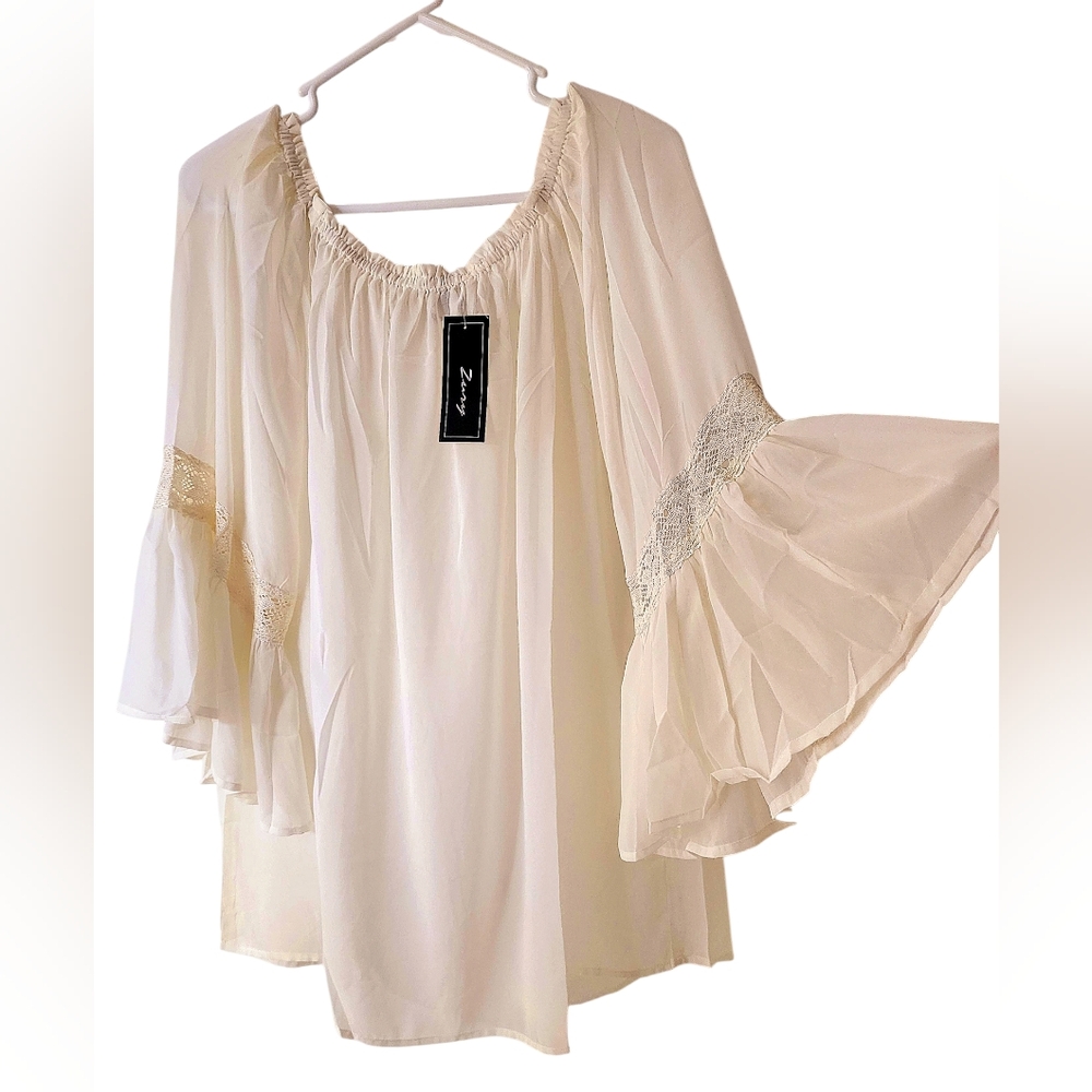 Sheer Cream Tunic Blouse Flowy Bell Sleeves w/ Lace Sz One Size